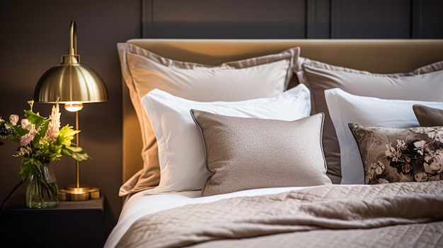 Decoração de quarto de noite de casa de campo moderna design de interiores e decoração de casa cama com lençol de cama elegante e lâmpada em inglês casa de campo aluguel de férias e estilo de casa
