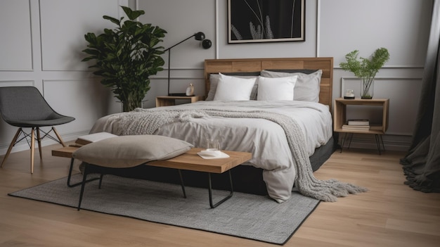 Decoração de quarto, design de interiores para casa, estilo minimalista moderno, com cama decorada com material de madeira e metal generativo AI AIG26