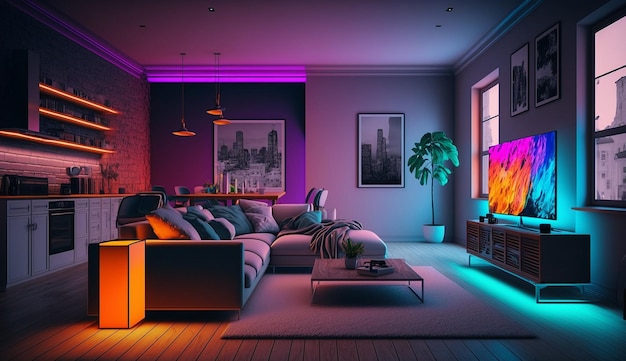 Decoração de quarto moderno, sala de estar, efeito neon, design de interiores AI Imagem gerada