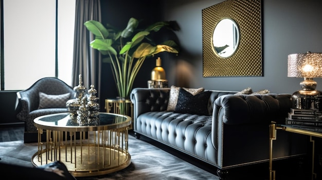 Decoração de quarto para casa design de interiores Art Deco Estilo glamoroso com candelabro decorado com material de latão e mármore Generative AI AIG26