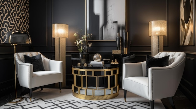 Decoração de quarto para casa design de interiores Art Deco Estilo glamoroso com candelabro decorado com material de latão e mármore Generative AI AIG26