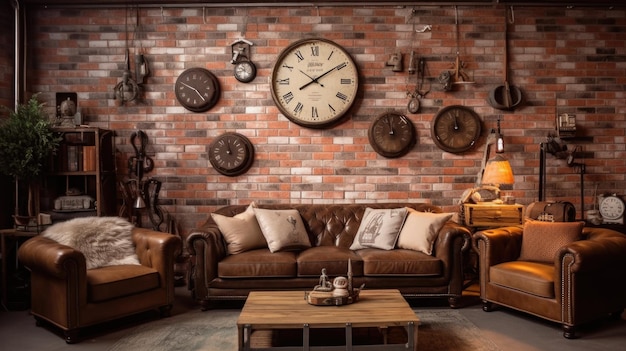 Decoração de sala de estar design de interior de casa estilo industrial rústico com parede de tijolos decorada com madeira e material metálico recuperado Generative AI AIG26