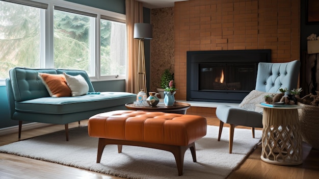 Decoração de sala de estar design de interiores de casa estilo contemporâneo de meados de século com lareira decorada com material de madeira e vidro Generative AI AIG26