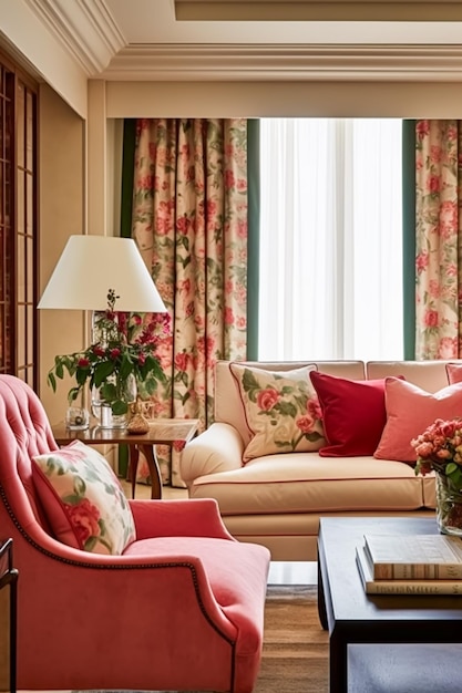 Decoração de sala de estar rosa brilhante, design de interiores e melhoria da casa, móveis de sala de estar, sofá e decoração de casa estilo casa de campo generativo ai
