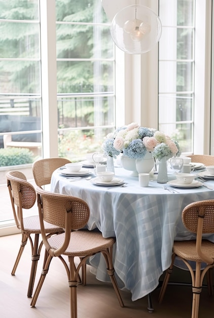 Decoração de sala de jantar campestre com detalhes em azul design de interiores e melhoria da casa mesa elegante com cadeiras móveis e decoração de casa estilo chalé inglês generativo ai
