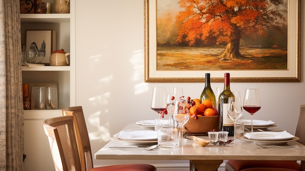 Decoração de sala de jantar design de interiores e celebração de férias de outono decoração elegante de mesa de outono com velas e flores decoração de casa e estilo de casa de campo