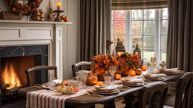 Decoração de sala de jantar, design de interiores e celebração de férias de outono, decoração elegante de mesa outonal com velas e flores, decoração de casa e ideia de estilo de casa de campo