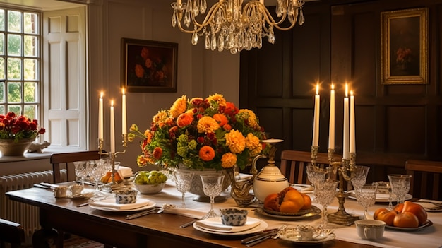 Decoração de sala de jantar, design de interiores e celebração de férias de outono, decoração elegante de mesa outonal com velas e flores, decoração de casa e ideia de estilo de casa de campo