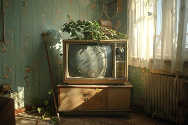 Foto decoração de tv vintage em uma sala de estar europeia dos anos 60