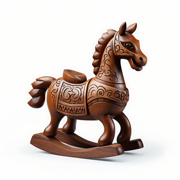 Decoração de um cavalo de balanço de brinquedo Escultura decorativa de madeira marrom H isolado em branco BG