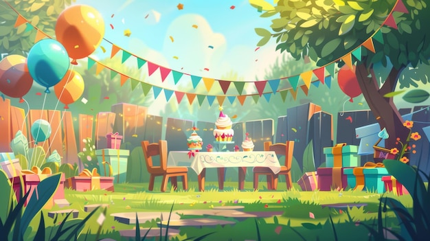 Foto decoração decorativa do quintal com bandeiras, balões, mesa e cadeiras para comemorar os aniversários de 39 anos das crianças ilustração de desenhos animados modernos com cupcakes de feriado e caixas de presentes