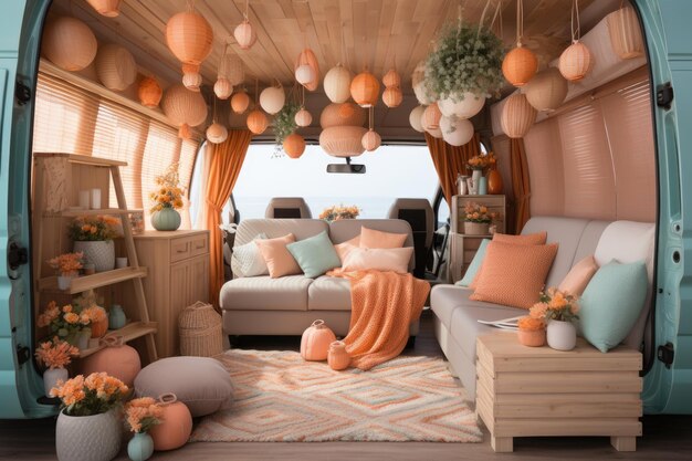 decoração dentro da campervan ideias de inspiração para tema em cor pastel