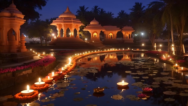 Decoração Diwali com lâmpada diya com vista natural, como lago e templo