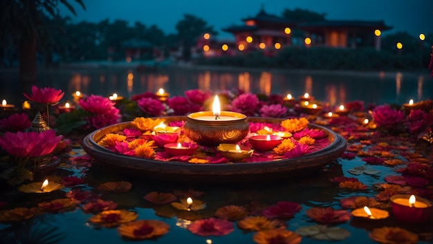 Decoração Diwali com lâmpada diya com vista natural, como lago e templo