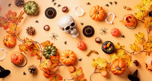 Decoração do feriado de Halloween com abóboras e doces em fundo laranja