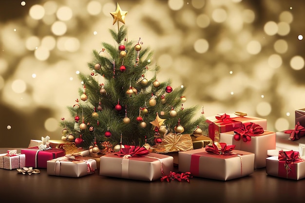 Decoração do festival de Natal com fita de pilha de caixas de presente e árvore de Natal espetacular para dar à família e amigos no dia de Natal ou ano novo de 2023 com ilustração 3D alegre e alegre
