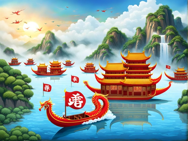Decoração do Festival do Barco do Dragão escrita em caracteres chineses no mar de nuvens