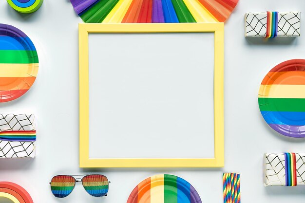 Decoração do mês do orgulho LGBTQ, maquete com espaço para cópia, local de texto. Objetos de padrão de arco-íris em fundo branco. Pratos de papel de festa, canudos de bebida, óculos de sol, ventilador, brinquedo de madeira. Postura plana, vista superior.