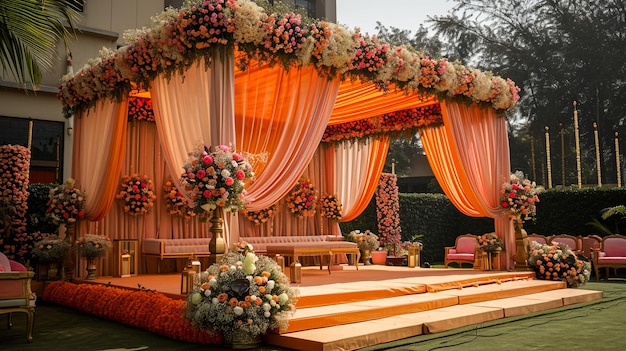 Decoração do palco da cerimônia de casamento fundo com sofá e flores em estilo indiano paquistanês tradicional luxuoso elegante