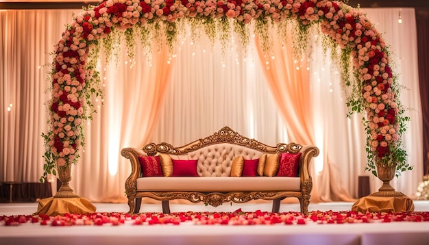 Decoração do palco da cerimônia de casamento Fundo com sofá e flores na tradição indiana paquistanesa