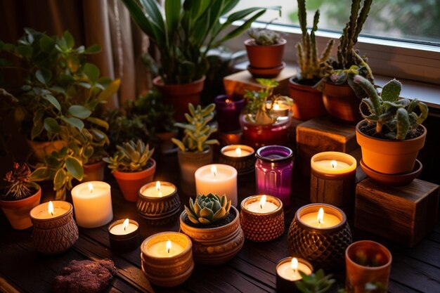Decoração do quarto com plantas em vaso e velas em mesa de madeira