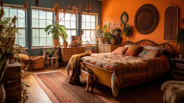 Decoração do quarto, design de interiores, estilo boêmio eclético com paredes penduradas decoradas com materiais têxteis e de madeira.