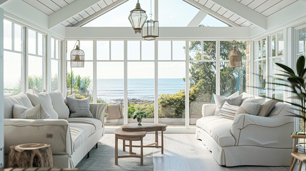 Decoração do quarto do conservatório casa de campo costeira branca design de interiores móveis de jardim com sofá e decoração doméstica casa de campo inglesa