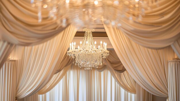 Foto decoração elegante do local do casamento com tecido drapeado e lustres