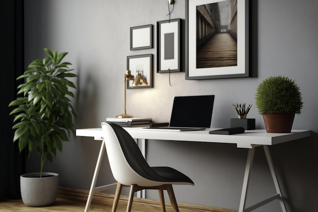 Decoração estética de home office e espaço de trabalho minimalista com IA generativa de foco em parede em branco