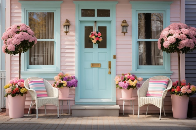 decoração exterior da porta da frente com ideias de inspiração para temas em cores pastel