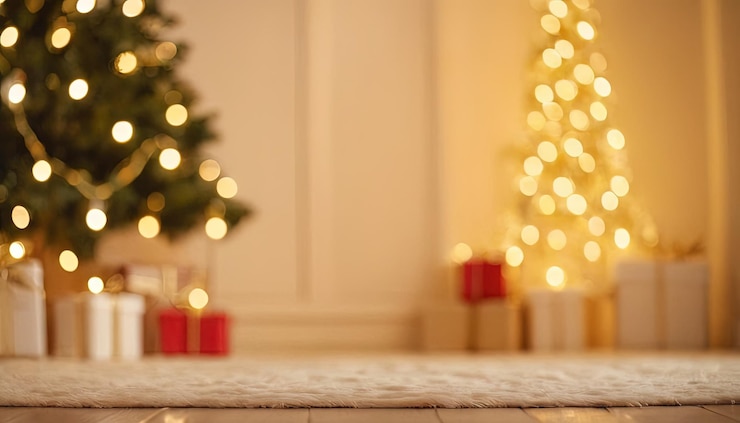 Foto decoração exterior de natal com iluminação com árvore e caixas de presentes