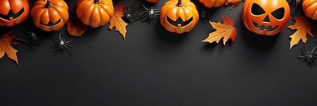 Decoração feliz de Halloween com folhas de abóbora e fundo de teia de aranha