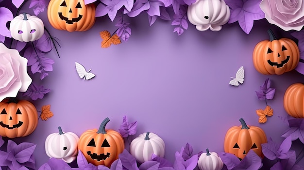 Decoração feliz de Halloween com folhas de abóbora e fundo de teia de aranha