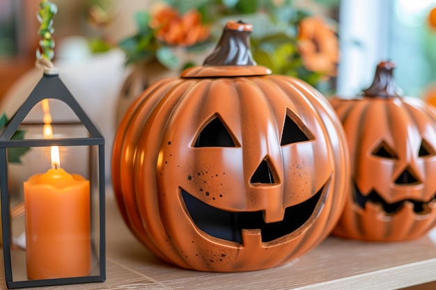 Decoração festiva de abóboras de Halloween com rostos sorridente e lanterna de vela quente na mesa