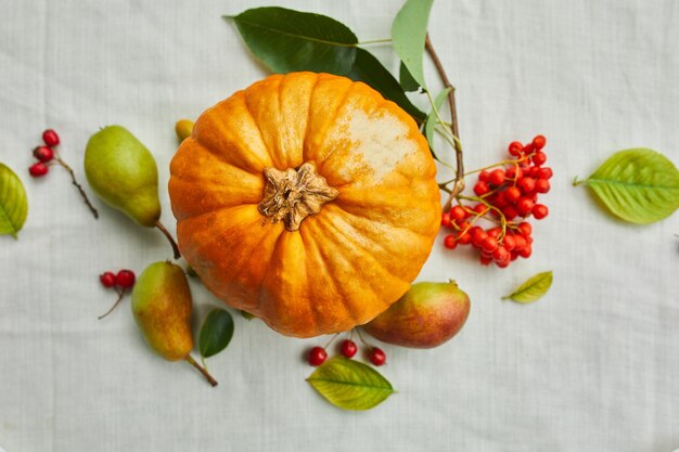 Decoração festiva de outono com uma abóbora na mesa
