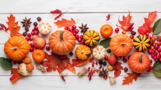 Decoração festiva de outono de bagas e folhas de abóbora