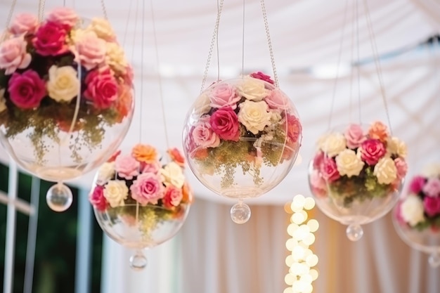 Decoração floral de casamento original em forma de bolas de vidro