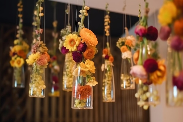 Decoração floral de casamento original em forma de minivasos e buquês de flores pendurados em
