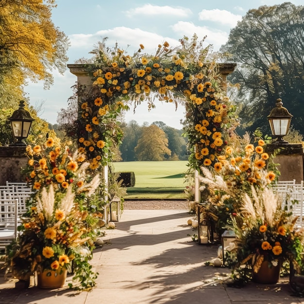 Decoração floral de corredor de casamento e flores outonais de cerimônia de casamento e decoração no jardim rural inglês ideia de estilo country de outono