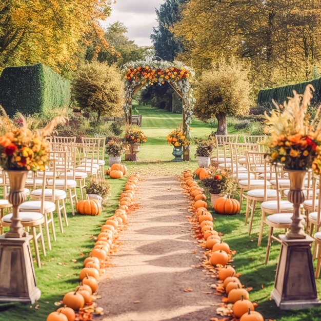 Decoração floral de corredor de casamento e flores outonais de cerimônia de casamento e decoração no jardim rural inglês ideia de estilo country de outono