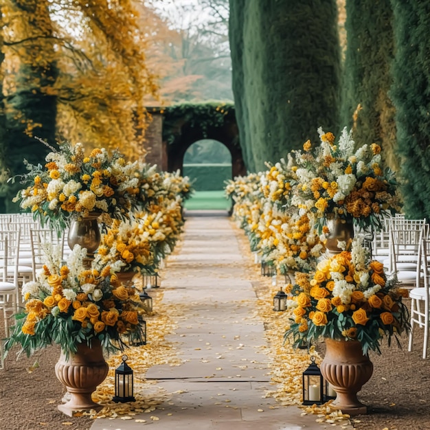 Decoração floral de decoração de casamento e celebração de eventos flores outonais e corredor de casamento no jardim de outono estilo country generativo ai