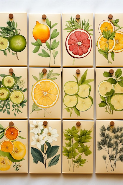 Foto decoração floral e frutal em arte comercial de embalagens de chá
