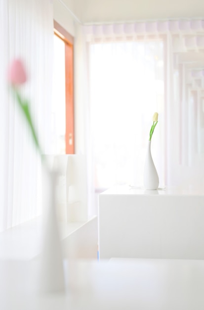 Decoração floral interior para casa. Composição branca suave floral mínima em um vaso no fundo da parede branca.