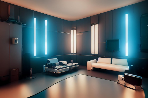 Decoração futurista da sala de estar com sofá branco, luzes brancas e douradas fracas