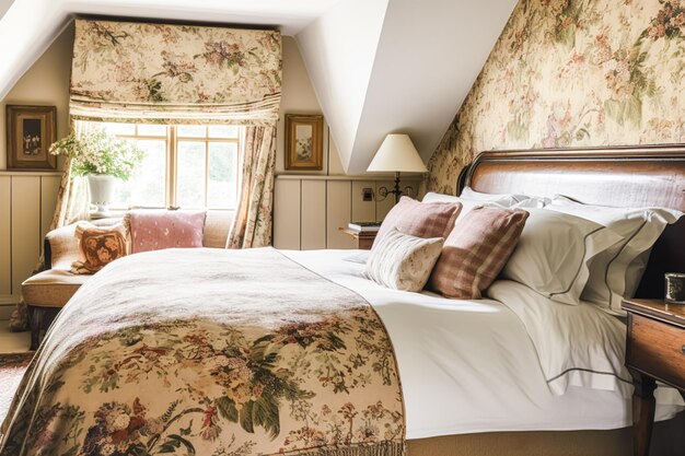 Decoração interior de quarto de campo e cama de aluguer de férias com roupas de cama elegantes e antigas