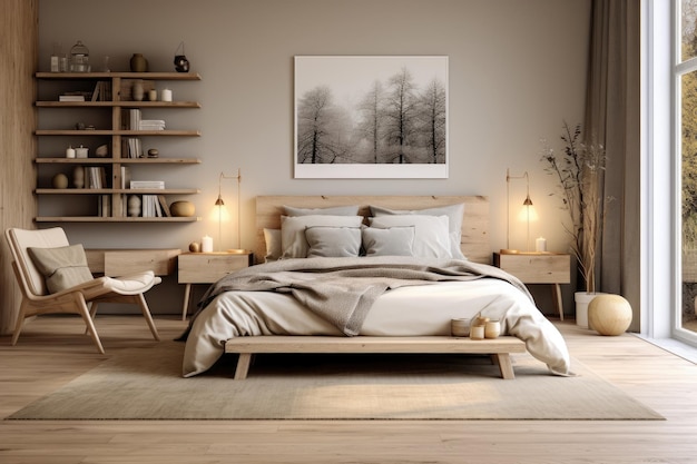 Decoração interior do quarto com estilo escandinavo tom quente e aconchegante tom de vibração hygge e minimalista