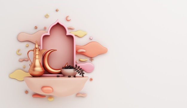 Decoração islâmica com lanterna de bule árabe datas ilustração iftar de nuvem crescente de frutas