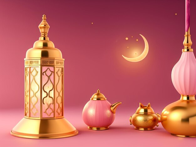 Decoração islâmica para o Ramadan com lanterna e mesquita em fundo roxo renderização 3D Ilustração 3D