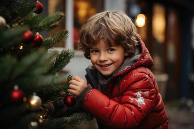 Decoração lúdica para crianças Observe a criatividade lúdica de um menino enquanto ele se envolve alegremente em decorar uma árvore de Natal com ornamentos vibrantes