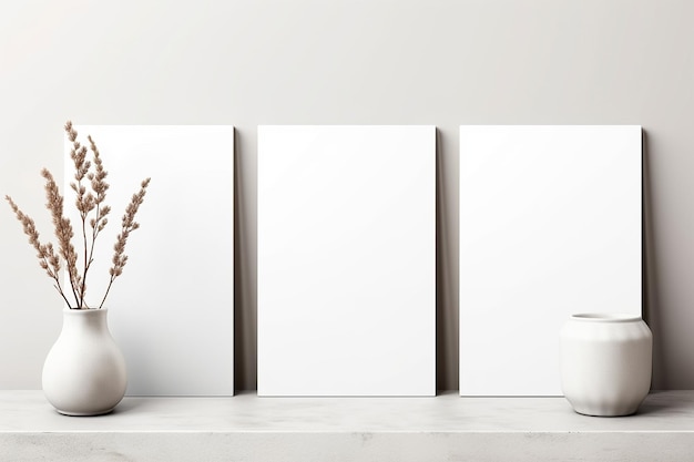 Decoração minimalista de lona em branco e vasos de flores